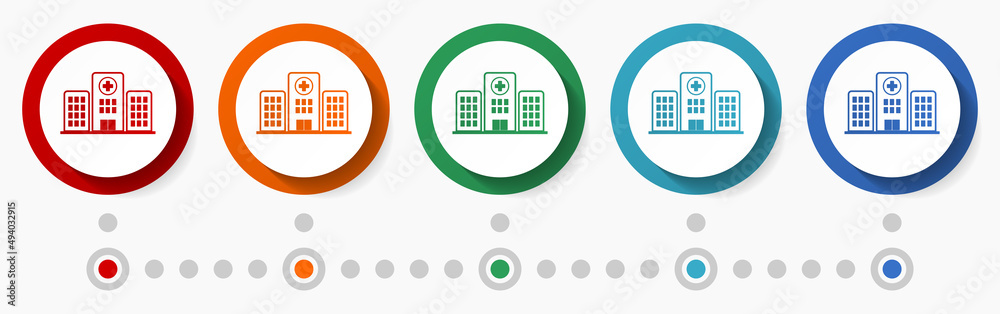 Aufkleber Hospital building concept vector icon set, flat design colorful buttons, infographic template in 5 color options