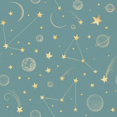Seamless pattern of hand-drawn stars on a dark blue background.  Stock illustration.