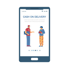 Cash on delivery mobile onboarding start page template, flat vector illustration.