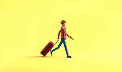 3d rendering, The red jacket man walking with red suitcase, vacation and holiday travel concept, isolated yellow background.