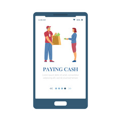 Onboarding screen with customer pays cash for delivery flat vector illustration.