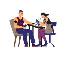 Tattooed people in tattoo salon, flat vector illustration isolated on white background.