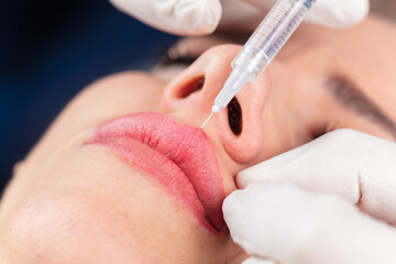 Young lady getting injections for bigger, fuller lips. The woman in the beauty salon. Plastic surgery clinic.
