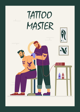 Tattooing process in professional salon or studio, poster template - flat vector illustration.