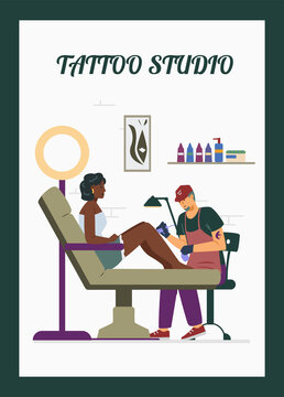 Tattoo studio advertising poster with master making design on womans leg, flat vector illustration.