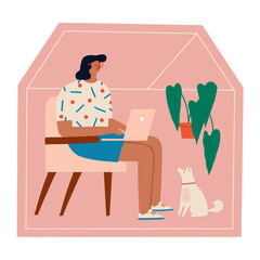 Women siting on the sofa with her dog, working online at home illustration. Social distancing during corona virus quarantine. Vector illustration