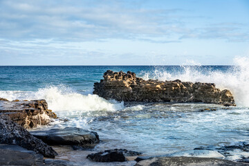 View of nice colorful huge cliff and sea on the back
