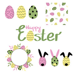 Pink, Yellow and Green Easter Egg Collection with Seamless Pattern, Egg Wreath, Eggs, Lettering