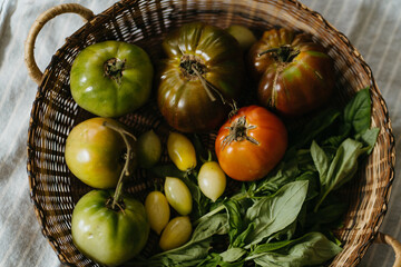Overhead Shot of Heirloom Tomatoes and Basil