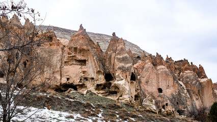 Geological formations and homes built in Cappadocia, Turkey