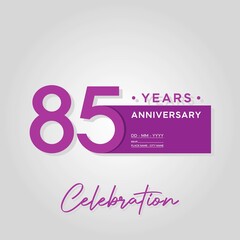 85th anniversary logo. Anniversary celebration logo design with purple color for booklet, flyer, magazine, brochure poster, web, invitation or greeting card. vector illustrations.