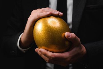 Golden egg in hands of elegant businessman as symbol of guaranteed success, profit or wealth.