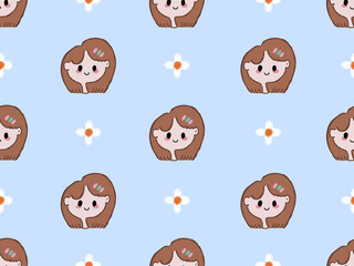 Fototapeta premium girl cartoon character seamless pattern on blue background.