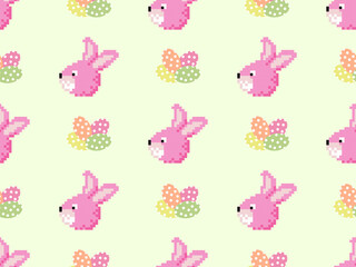 Rabbit cartoon character seamless pattern on yellow background.Pixel style