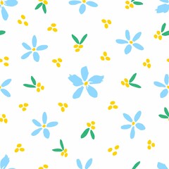 Simple calm floral vector seamless pattern in pastel colors. Blue flowers, twigs on a white background. For fabric prints, textiles.