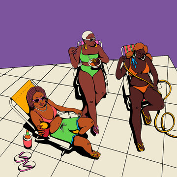 Three friends tanning on a rooftop