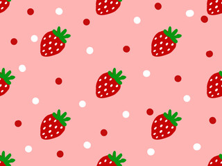 Strawberry cartoon character seamless pattern on red background.
