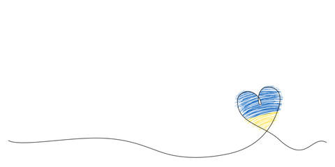 Niebieskie i żółte serce odręcznie rysowane- kolory flagi Ukrainy. Wsparcie dla Ukrainy. "Nie" dla wojny. Białe tło z ilustracją wektorową z miejscem na tekst.
