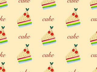 Cake cartoon character seamless pattern on yellow background.