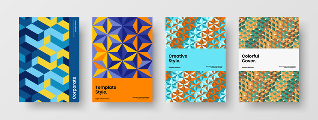 Simple annual report design vector layout composition. Multicolored geometric shapes corporate brochure template set.