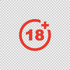 Eighteen plus neon sign on brick wall background.