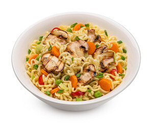 Instant noodles with grilled mushrooms on white background