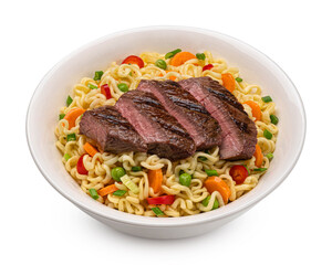 Instant noodles with grilled beef isolated on white background