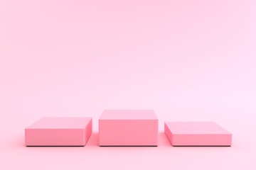 3D rendering of squares pink Pedestal, Podium for display product on the pink floor. Pedestal can be used for commercial advertising, Isolated on pink background, Product Presentation, illustration.