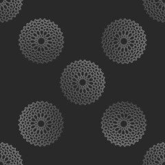 Seamless islamic pattern with radial ornament in moroccan style. Mettalic pattern on dark background. Abstract geometric ornament vector.