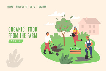 People gardening web page. Harvesting man and woman - farming job.