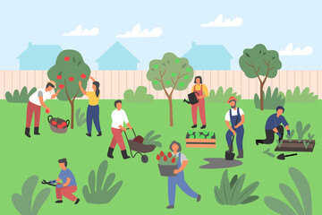 People gardening vector. Man and Woman planting fruit and plants. Characters Working in garden.