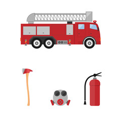 A fire truck with some equipments. Axe, gas mask, fire extinguisher.