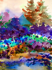 Naklejka na ściany i meble Watercolor colorful bright textured abstract background handmade . Mediterranean landscape . Painting of the park in blooming , made in the technique of watercolors from nature