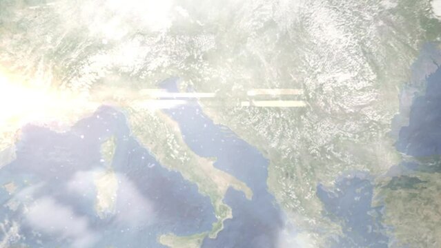 Earth zoom in from outer space to city. Zooming on Split, Croatia. The animation continues by zoom out through clouds and atmosphere into space. Images from NASA