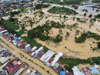 Aerial view of Situation Flood in sangatta city, east kutai, east Kalimantan, Indonesia in 21 March...