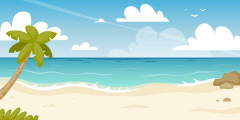 Fototapeta na wymiar Paradise tropical beach panorama. Cartoon horizontal sea coast with palm. Summer azure seascape.