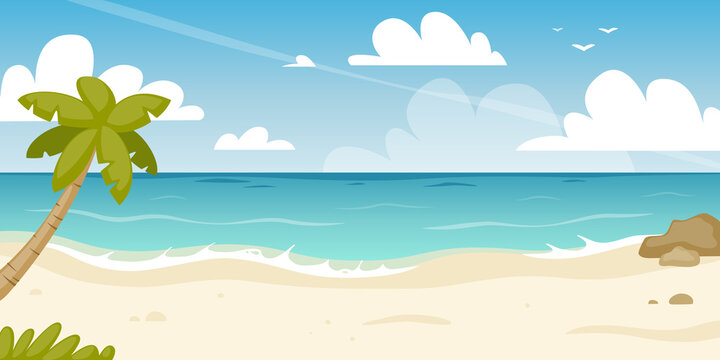 Paradise tropical beach panorama. Cartoon horizontal sea coast with palm. Summer azure seascape.