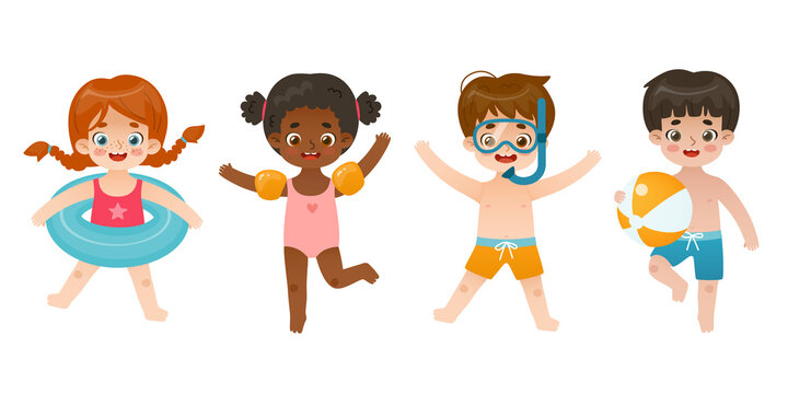 Summer set of jumping kids in swimsuit. Collection of cartoon children on the sea vacation.