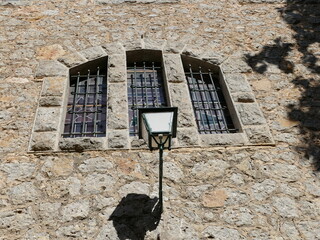 Lantern on a building of the LLuc Sanctuary, Mallorca, Balearic Islands, Spain