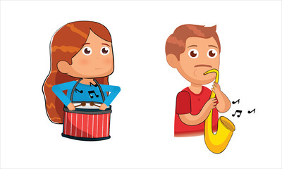 Set of Man and Women Playing Drum Musical Instrument, 2d Cartoon Character Playing Musical Instrument 