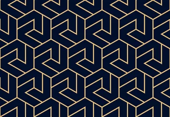 Foto op Plexiglas Blauw goud Abstract geometrisch patroon met strepen, lijnen. Naadloze vectorachtergrond. Goud en donkerblauw ornament. Eenvoudig rooster grafisch ontwerp