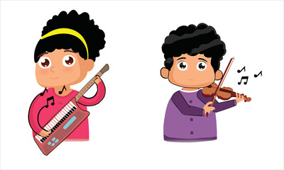Boy And Girl Playing Violin and Keyboard Musical Instrument, 2d Kids Cartoon Character Playing Musical Instrument 