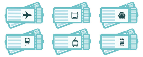 Tickets icons for bus, train, airplane, ship, trolleybus, tram. Set with travel tickets pictograms. Flat icons. - obrazy, fototapety, plakaty