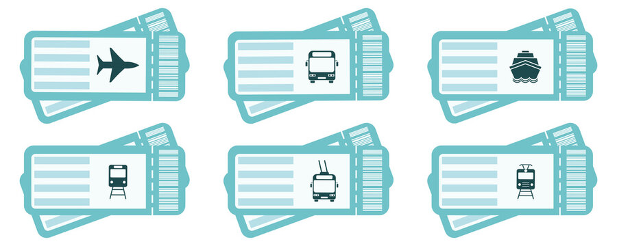 Tickets icons for bus, train, airplane, ship, trolleybus, tram. Set with travel tickets pictograms. Flat icons.