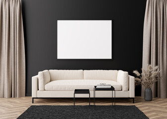 Empty horizontal picture frame on black wall in modern living room. Mock up interior in contemporary style. Free, copy space for your picture, poster. Sofa, table, pampas grass in vase. 3D rendering.