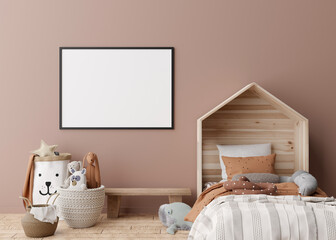 Empty horizontal picture frame on brown wall in modern child room. Mock up interior in scandinavian style. Free, copy space for your picture, poster. Bed, toys. Cozy room for kids. 3D rendering.