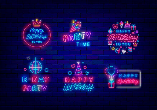 Happy Birthday neon label collection. Party time with confetti. Bday event with disco ball. Vector illustration