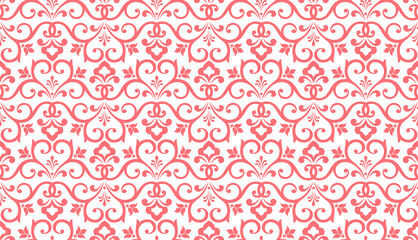 Wallpaper in the style of Baroque. Seamless vector background. White and pink floral ornament. Graphic pattern for fabric, wallpaper, packaging. Ornate Damask flower ornament