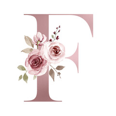 Alphabet, letter F with watercolor flowers and leaf. Wedding monogram initials perfectly for wedding invitations, greeting card, logo, poster and other design. Hand painting.