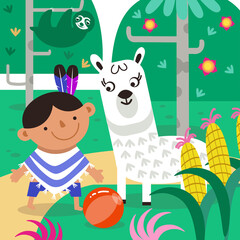 Obraz na płótnie Canvas Funny Indian boy play with alpaca. Cute cartoon character. Vector illustration for children games, design of books, puzzles.